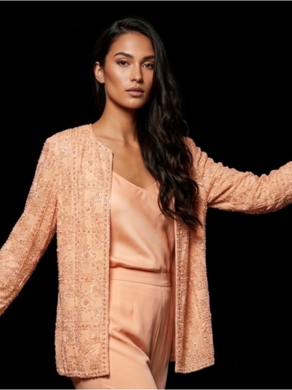 Peach Beaded Open-Front Jacket - Women's Blazer